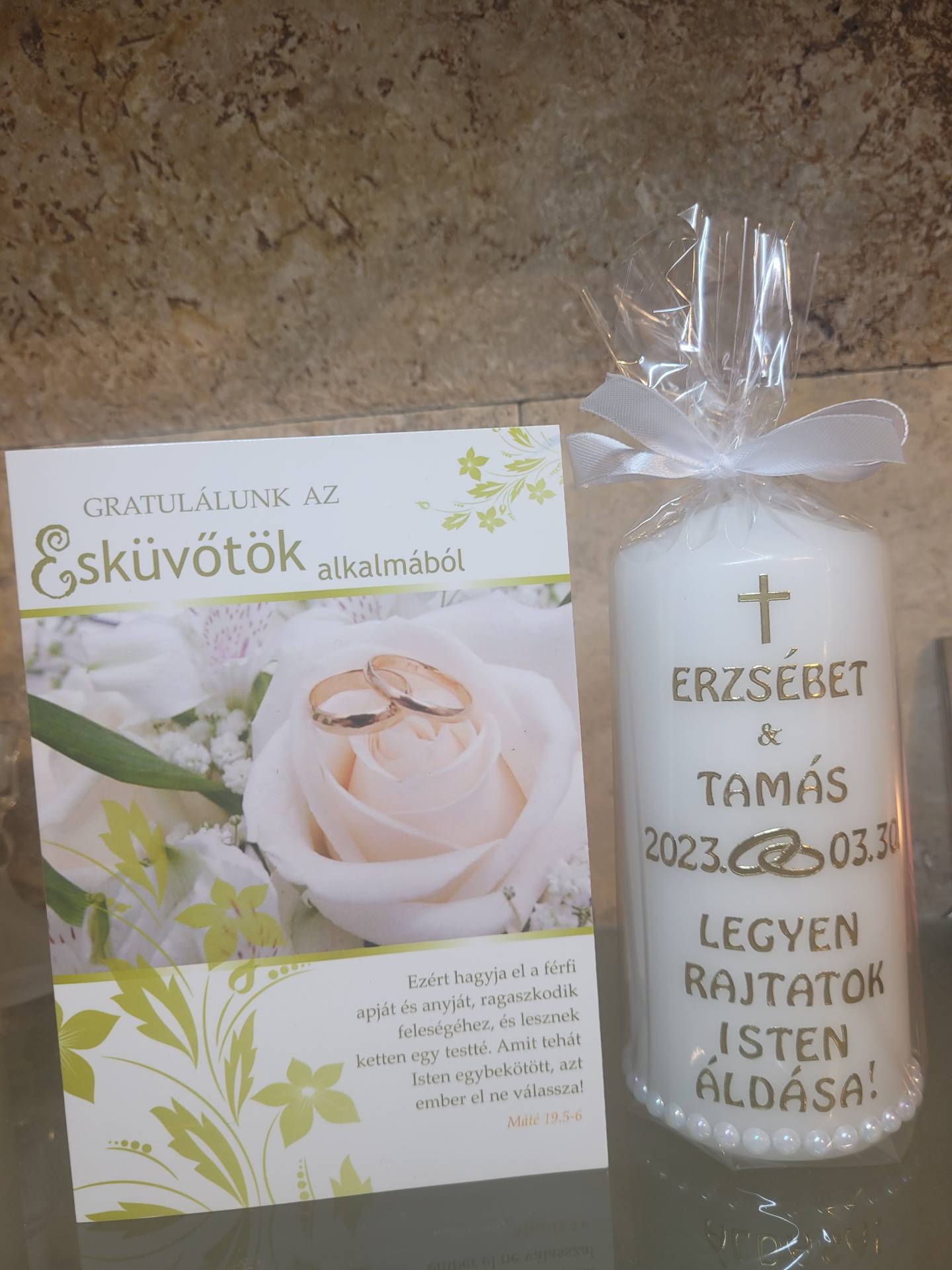 Esküvőre Egyedi Névreszóló Gyertya+ Esküvő dátuma kerül rá! + gratulációs Lap  