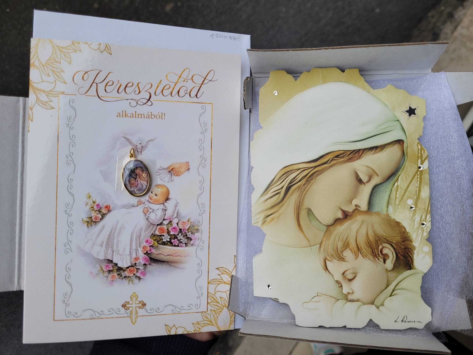 Keresztelőre/Babaszületésre swarovski köves ezüst lapokkal kép+ lap áldással éremmel 