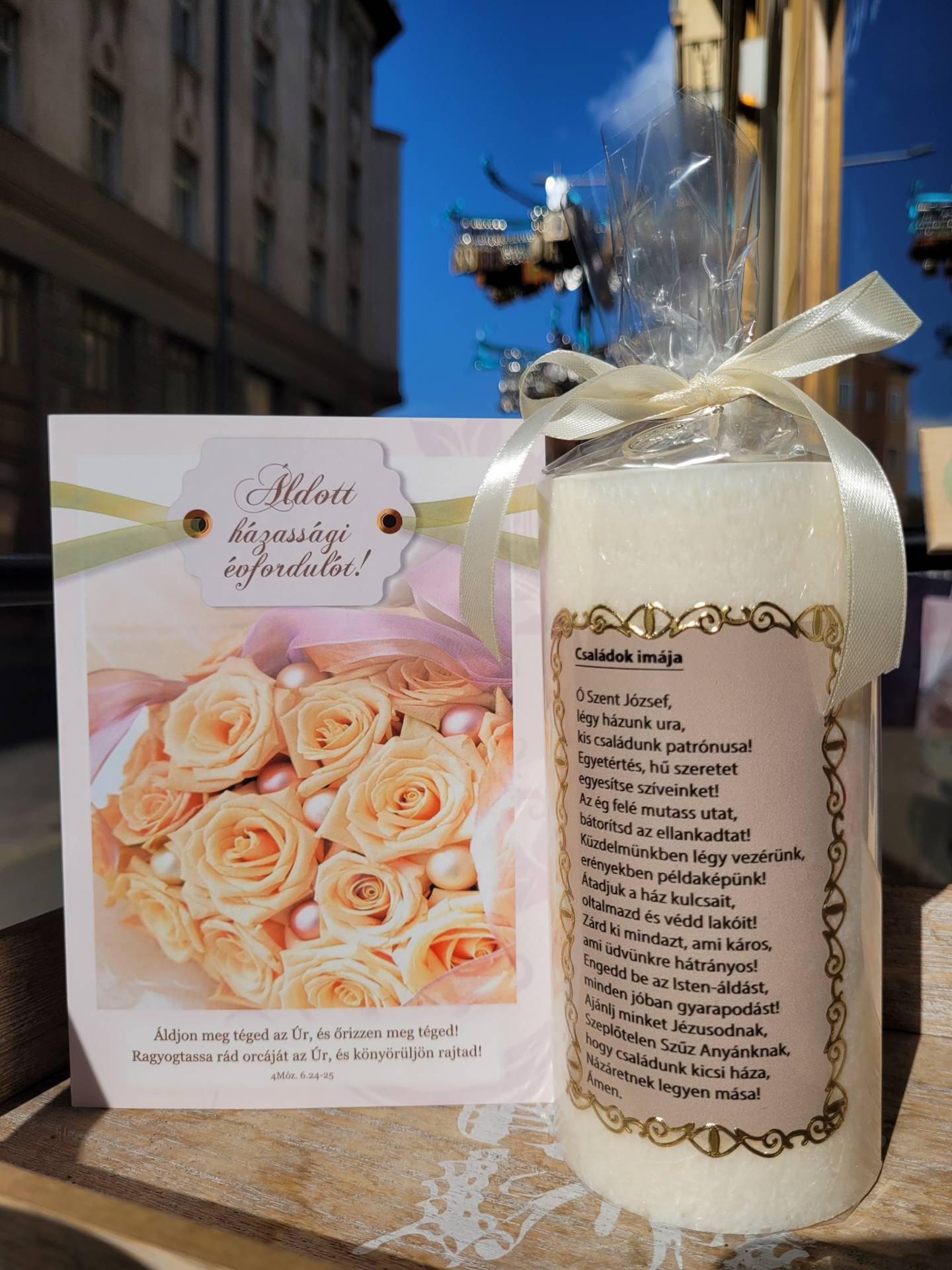 Házassági Évfordulóra szent család Éremmel IMAGYERTYA+Gratulácios Lap 