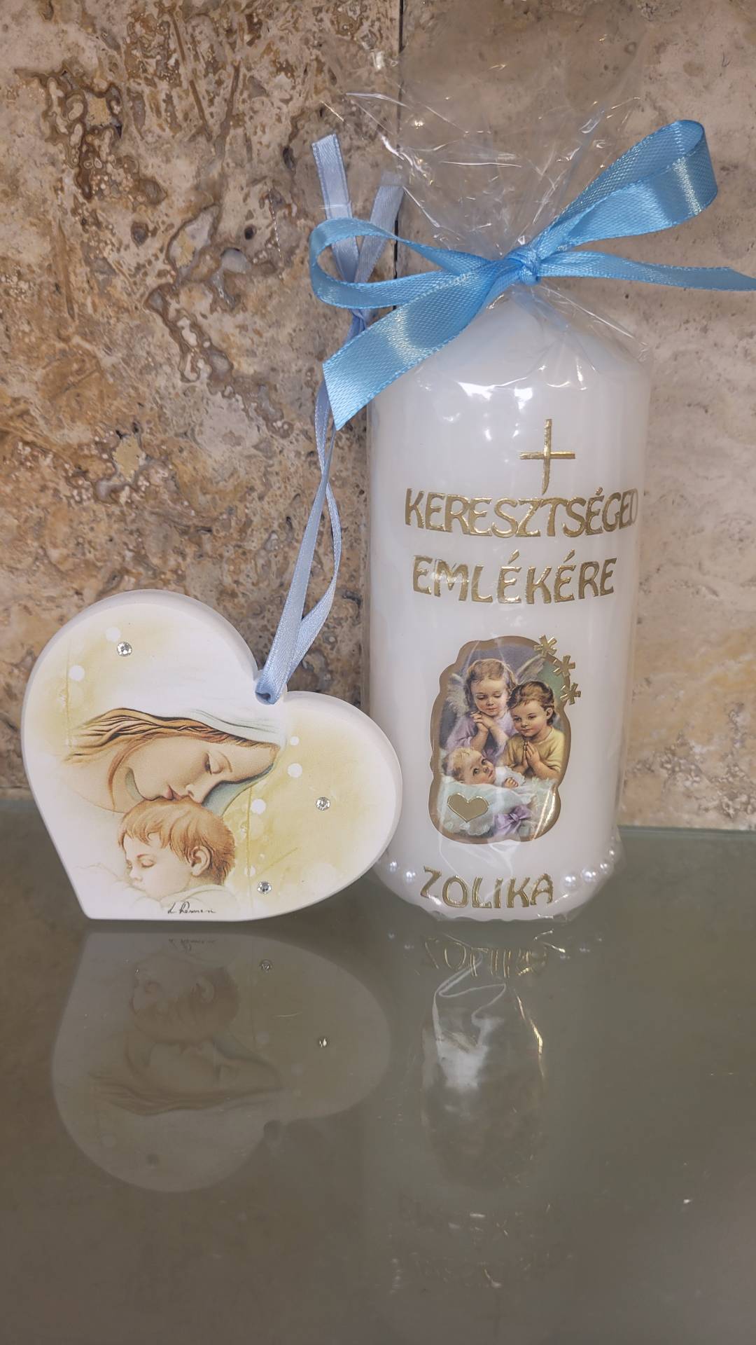 Keresztséged Emlékére Kisfiúnak Emlékgyertya Név+ kérésére Dátum kerül Rá!+ Swarowski kőves bölcsődisz kiságy fölé 