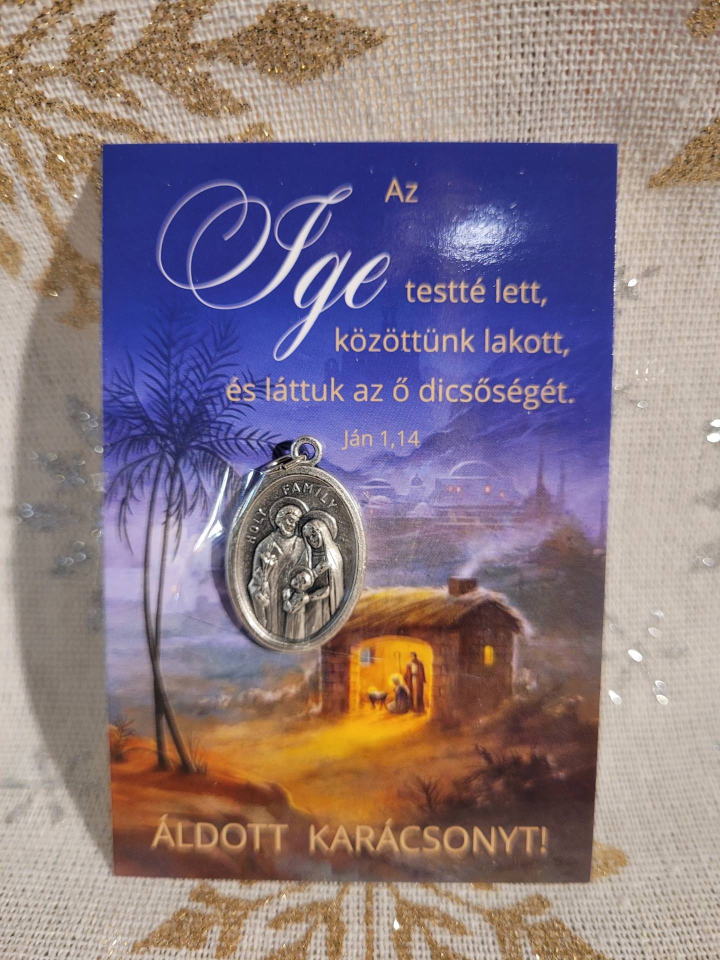 Ajándékkisérő kártya Iaten szavával Szent csalás éremmel  