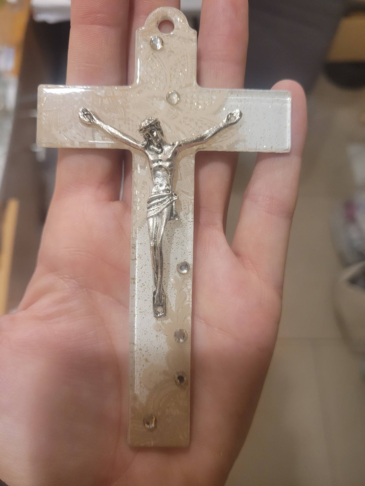 Keresztelőre,Babaszületésre ajándékba Muránoi üvegkereszt swarowski kővel  12cm*7cm 
