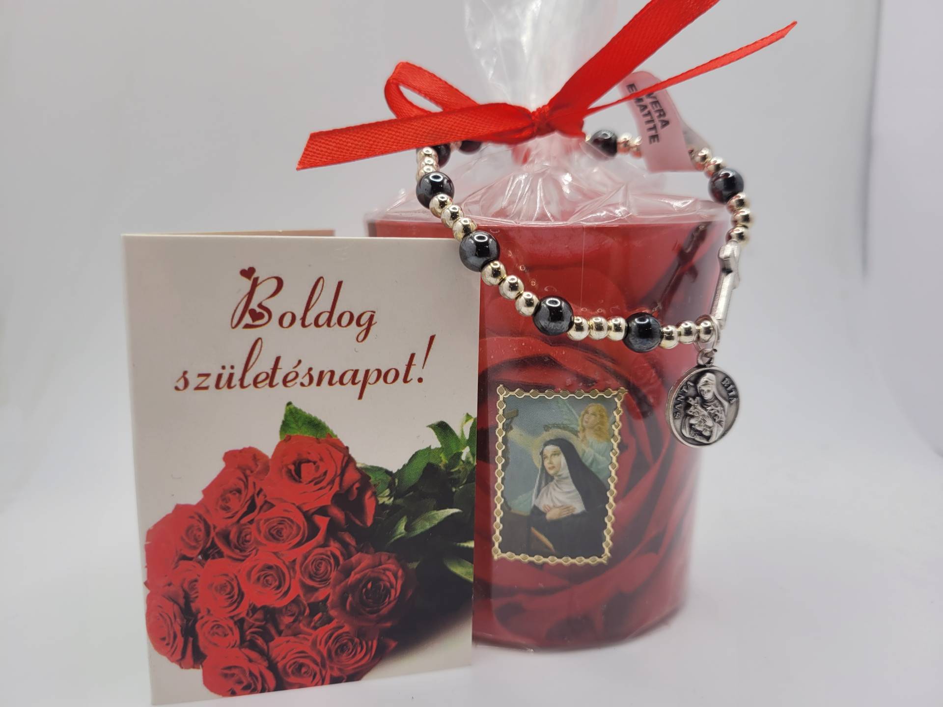 Szent Rita Ajándékcsomag Karkötő Éremmel+gyertya+gratulációs lap 