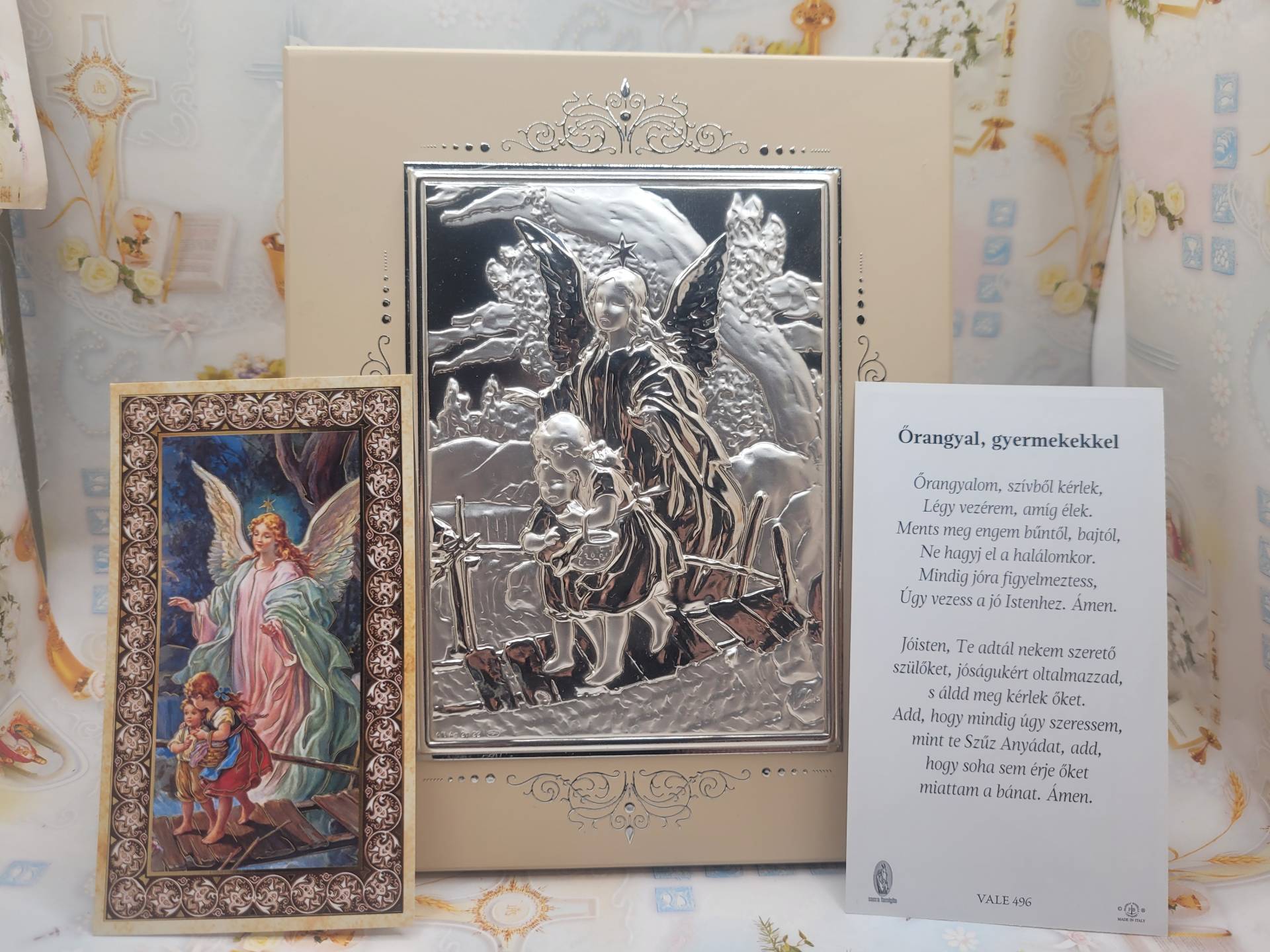 Ezüst ikon 14cm*17cm +őranygal szentkép imával gyerekeknek 
