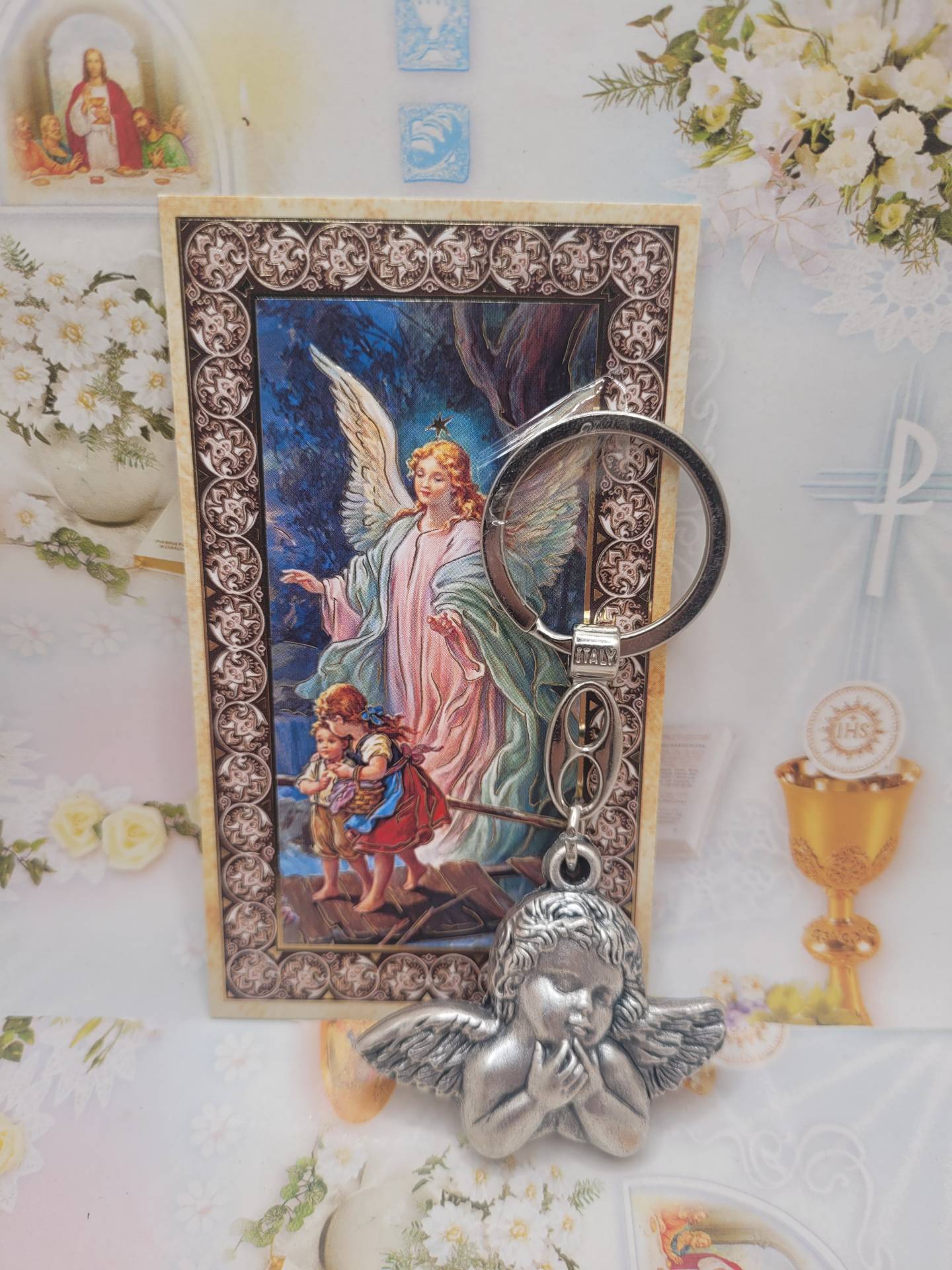 Szent Őrangyal imakép napi imával+ Őrangyal kulcstartó 