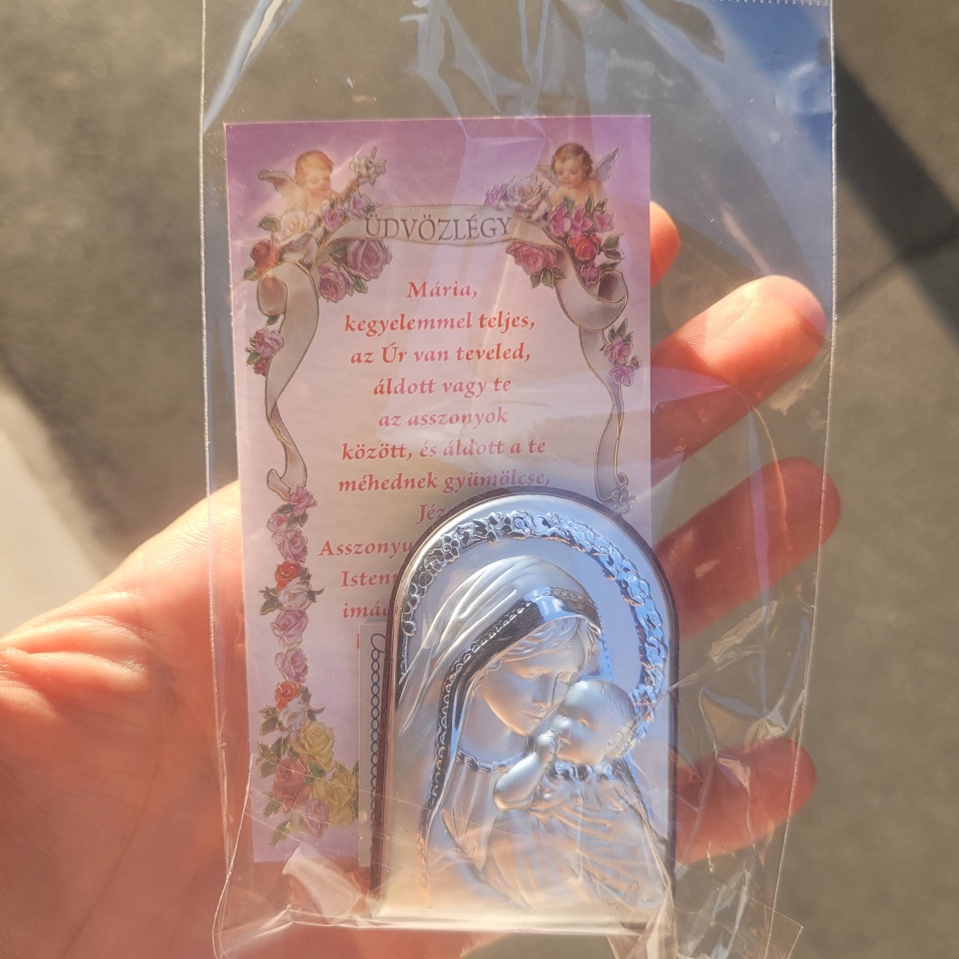 Keresztelőre,Babaszületésre,Babavárásra Ezüst ikon 6cm magas 3cm széles + ima 