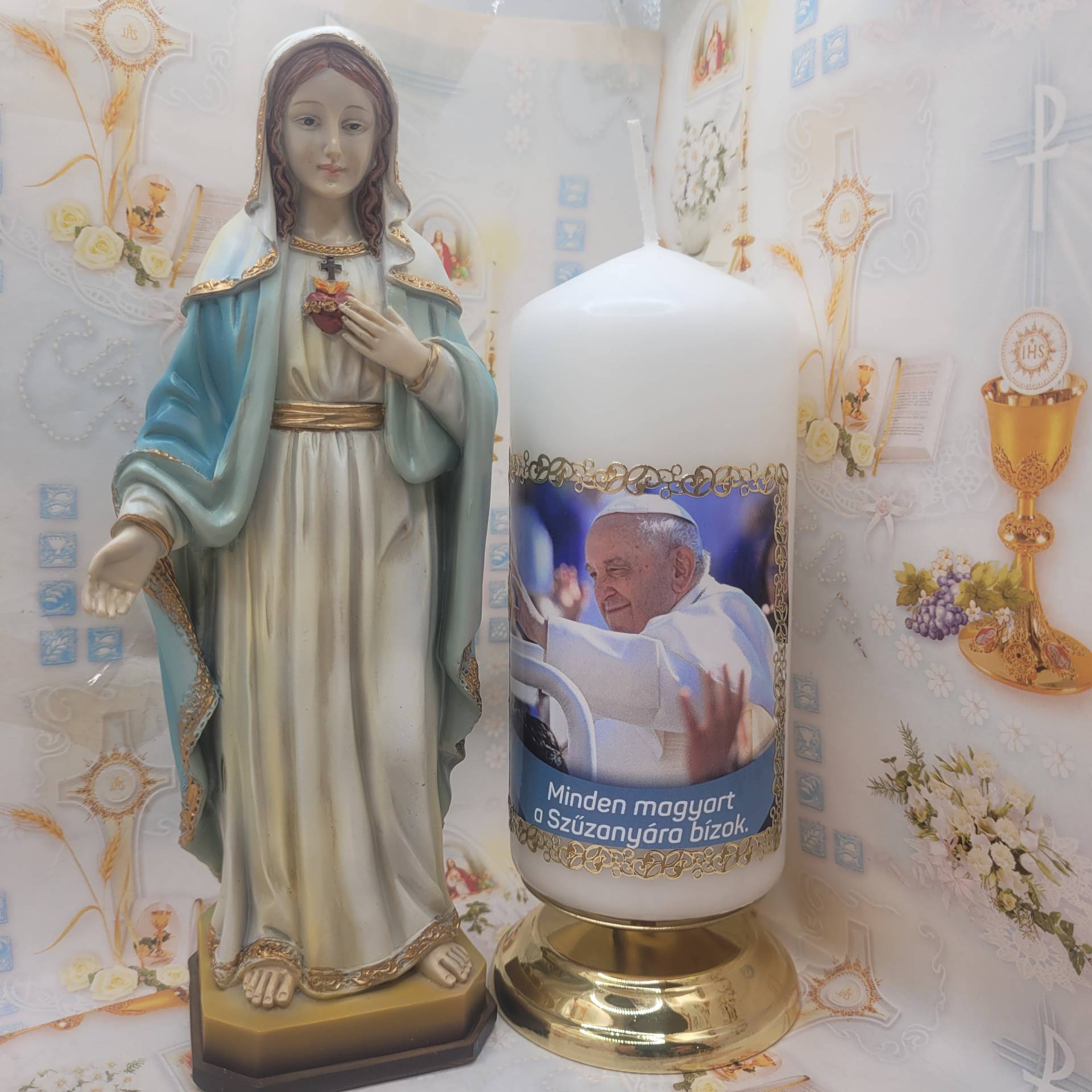 Szűzmária Szent Szíve szobor 20cm + Ferenc Pápa szavával gyertya réztalpon 