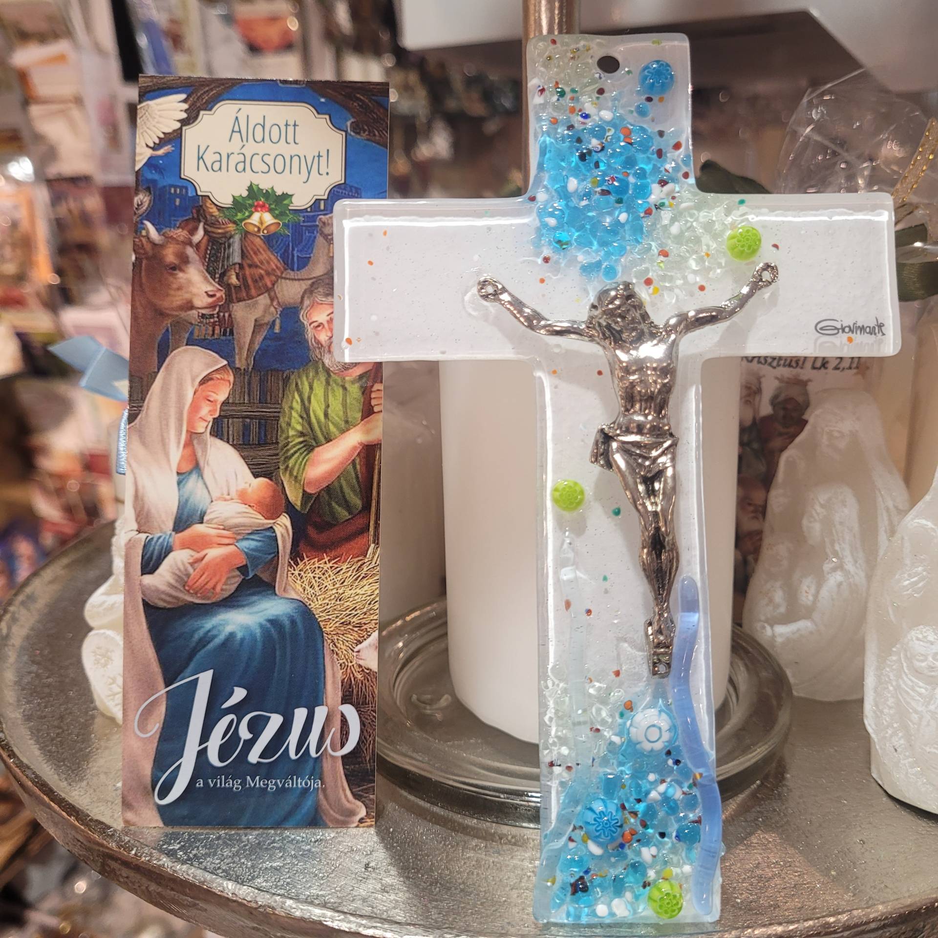 Muránoi Üvegfeszület 16cm*10cm+ Karácsonyi ajándékkisérő Isten -szavával 