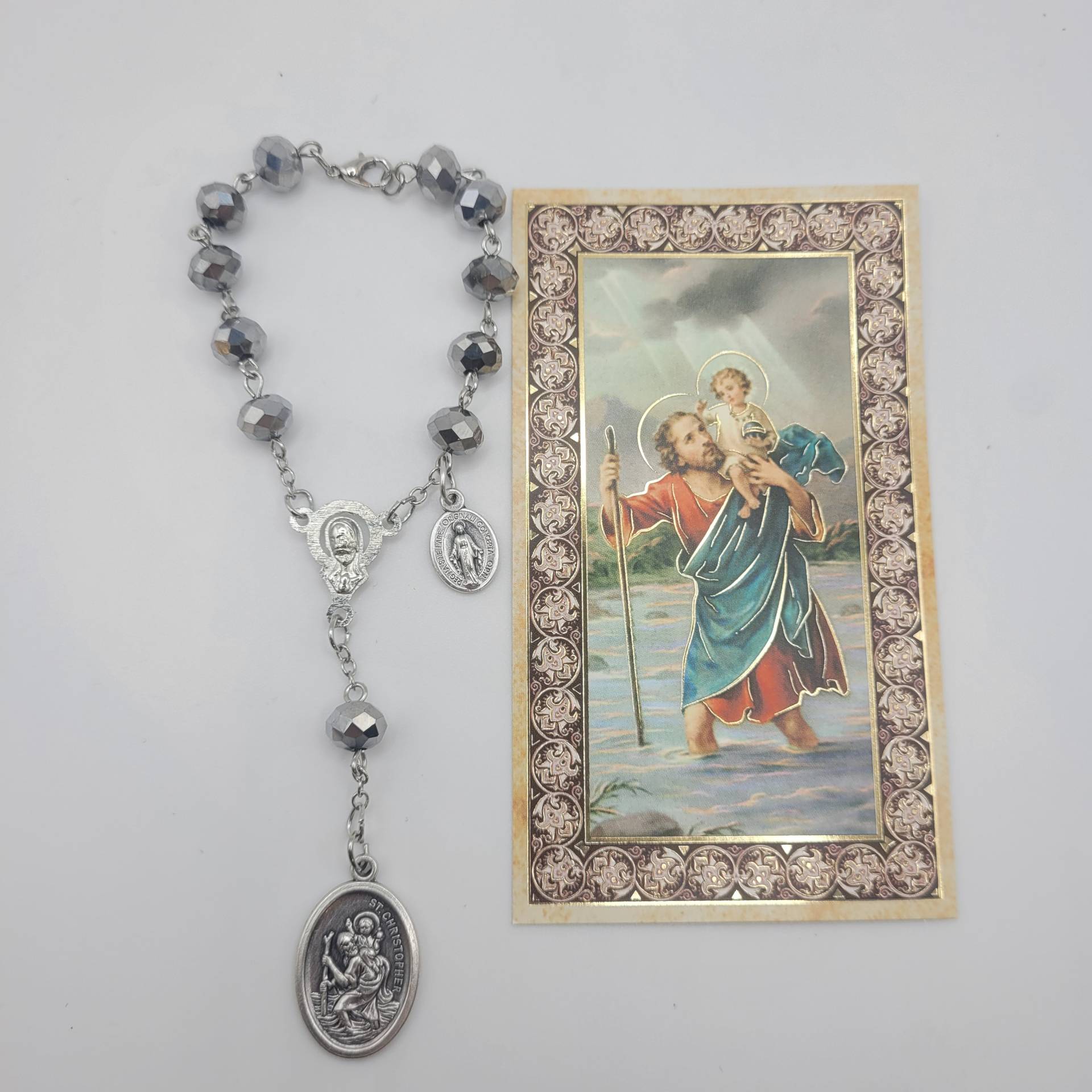Szent Kristóf autósok rózsafüzére kapoccsal a tükör mögé+ Szűzanya Csodásérem 