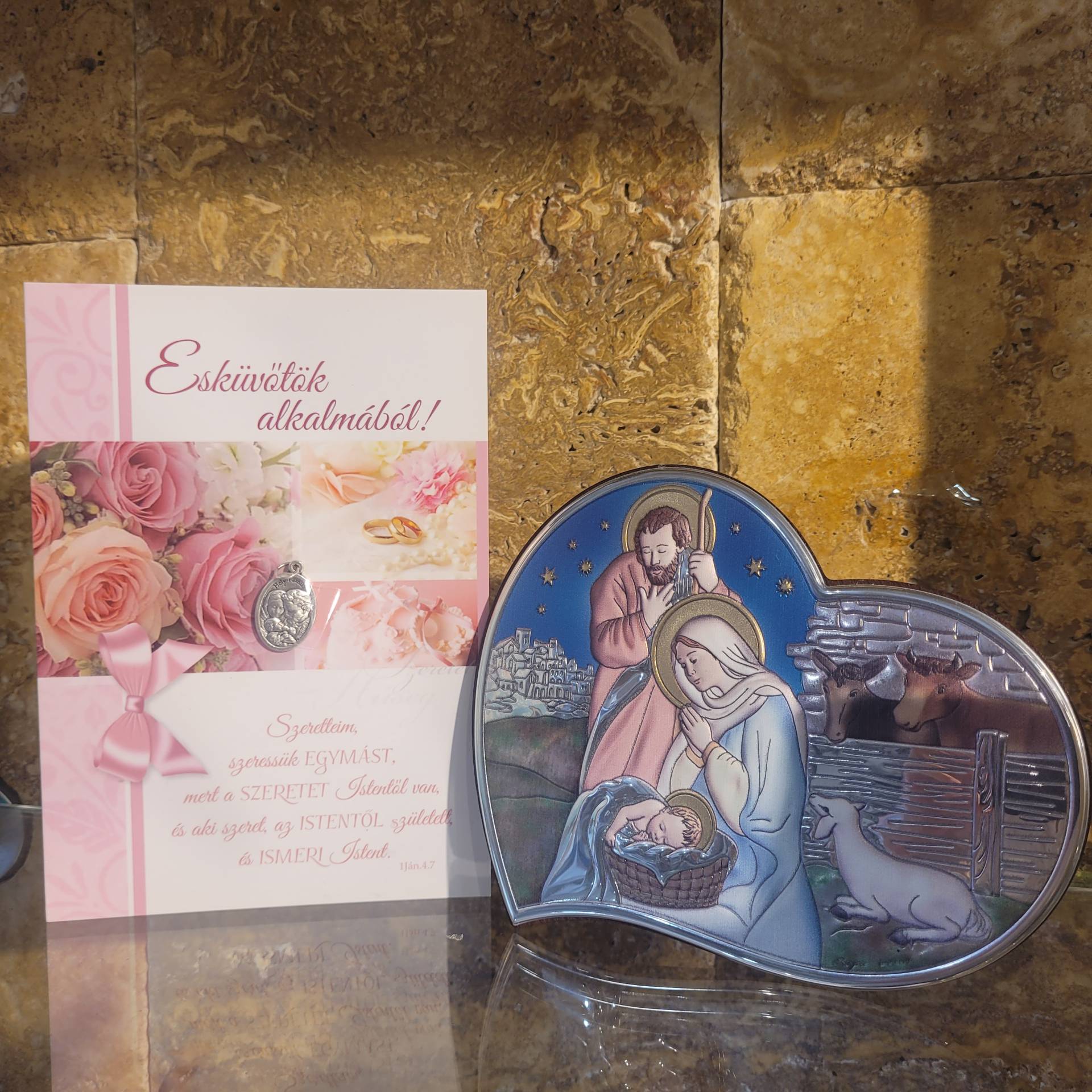Esküvőre Szent Család Ezüst ikon méret: 15cm*12cm+ Gratulációs Lap Isten szavával + Szent Család ére 