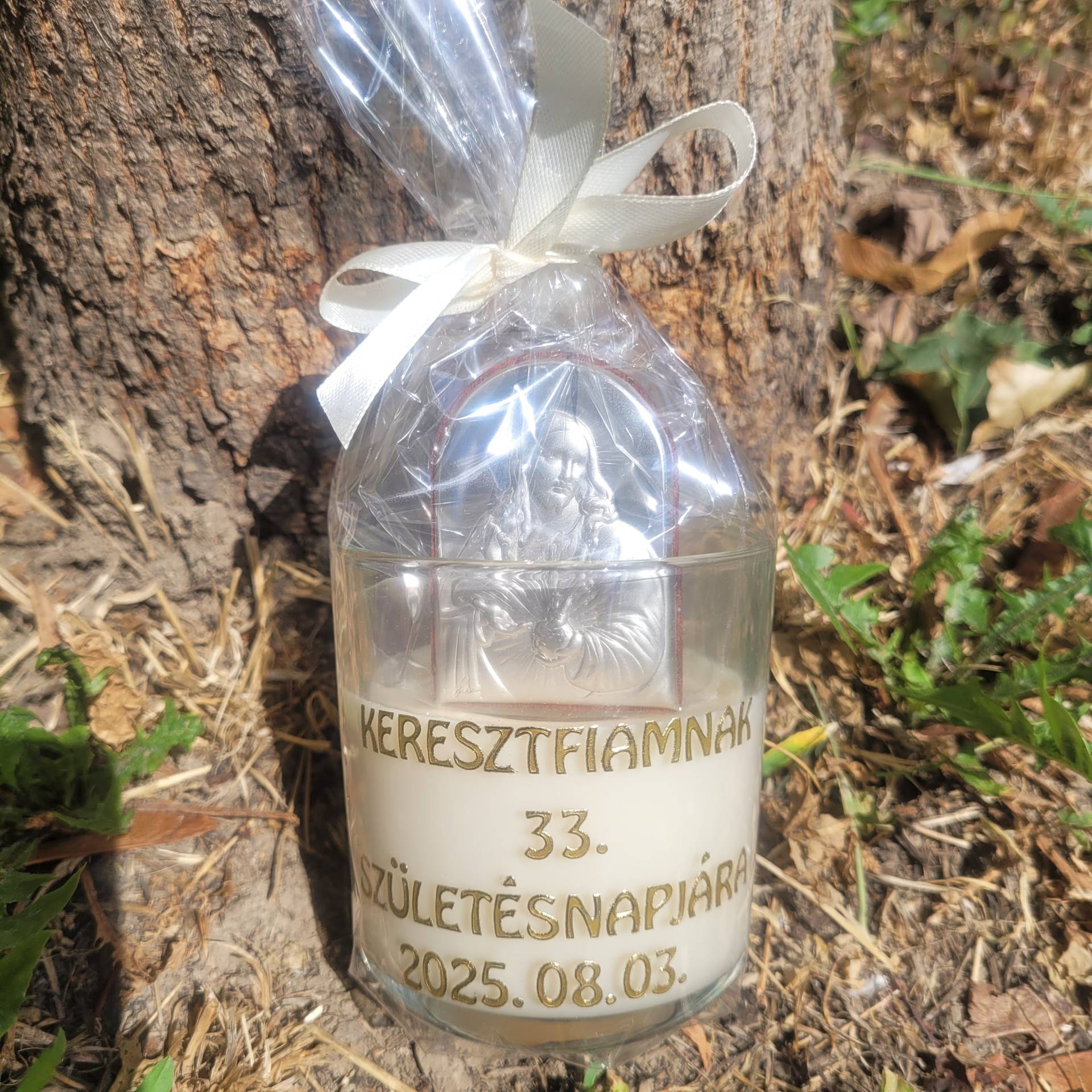 Ezüst ikon Jézus kitámasztós mérete: 6cm*4cm+ Ajándékgyertya Feliratozva! Bármilyen Alkalomra Gyönyörű Ajándék  