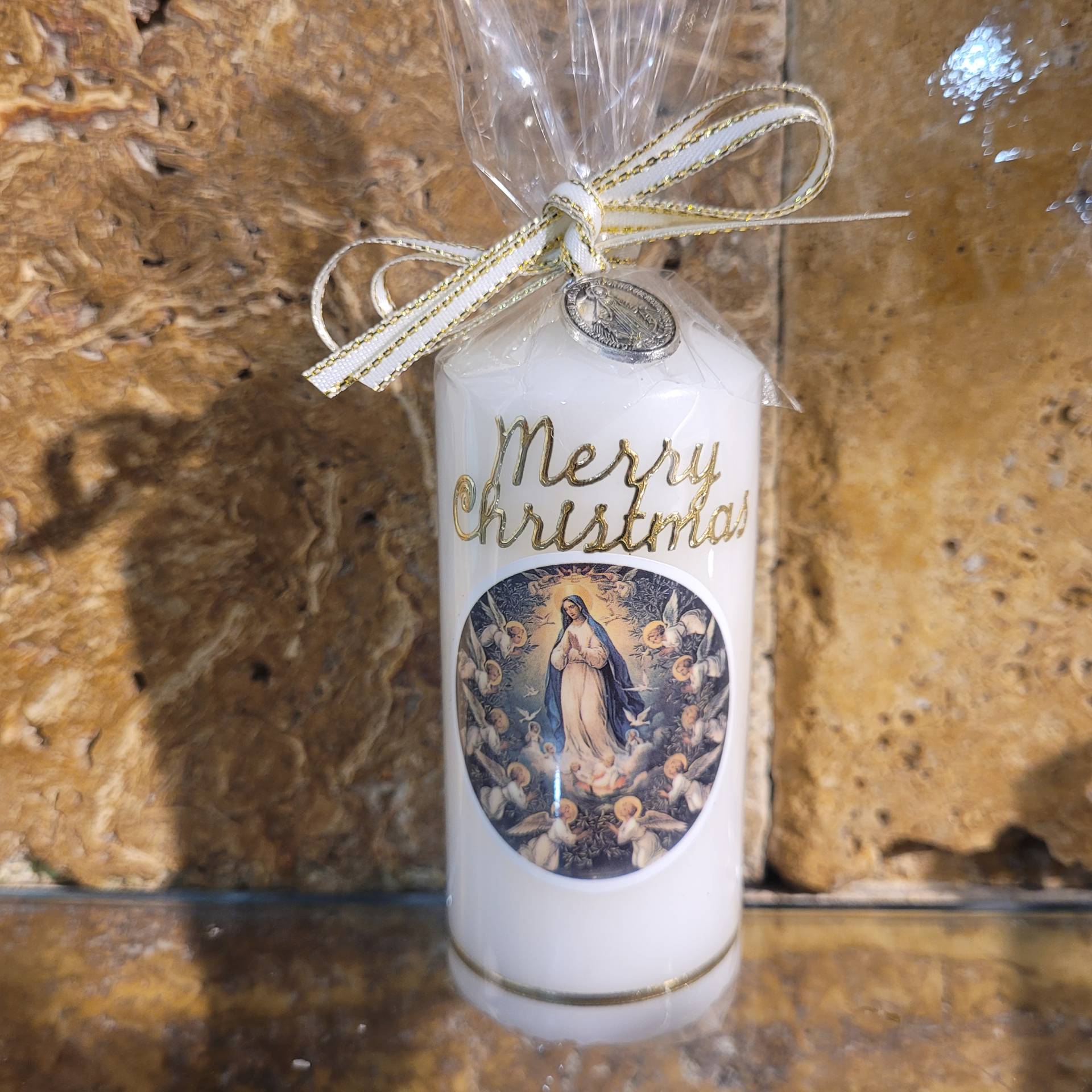 Meery Christmas -Ajándékgyertya Szűzanyaéremmel 