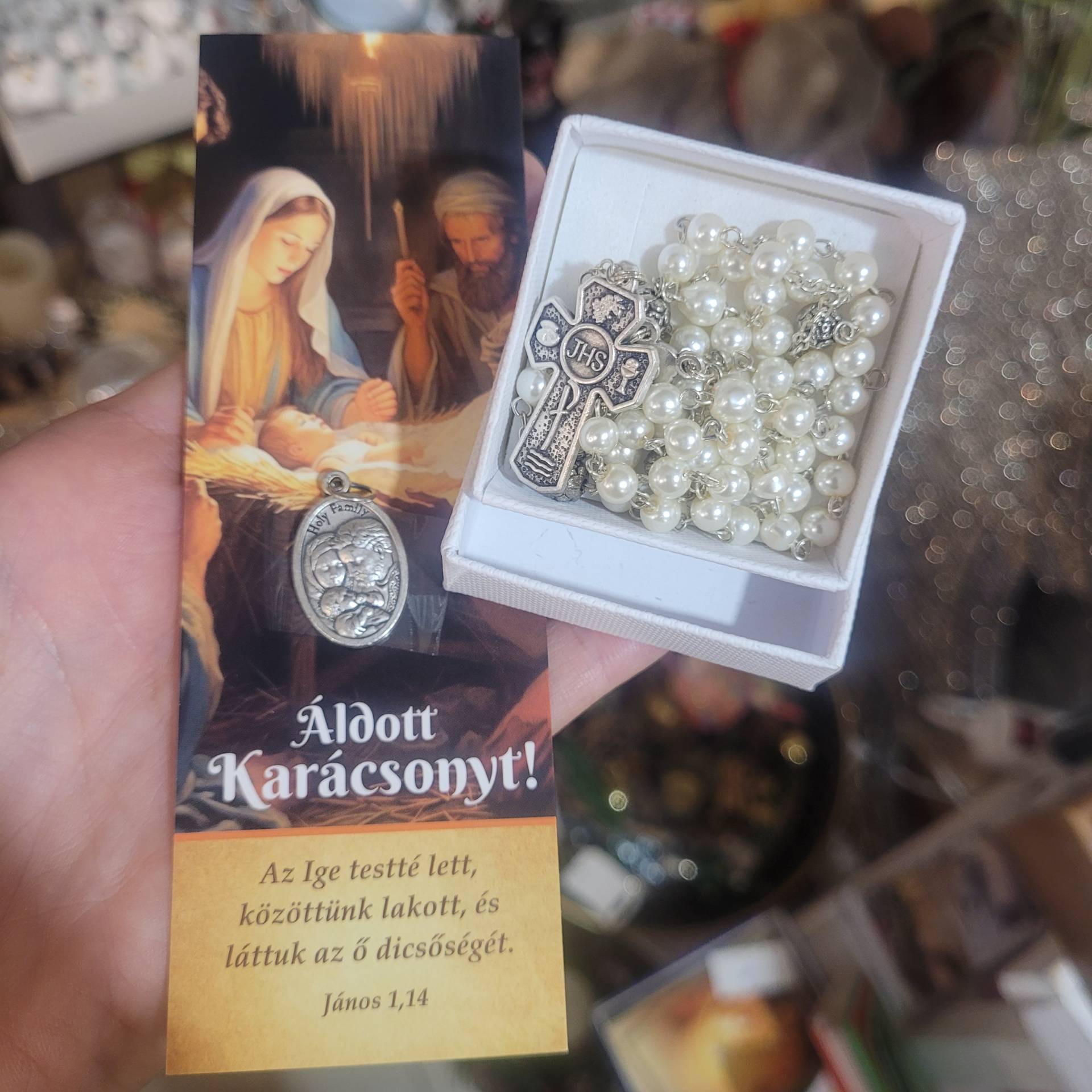 Rózsafüzér gyöngy szemekkel + Ajándékkisérő Karácsonyi + Szent Család érem  