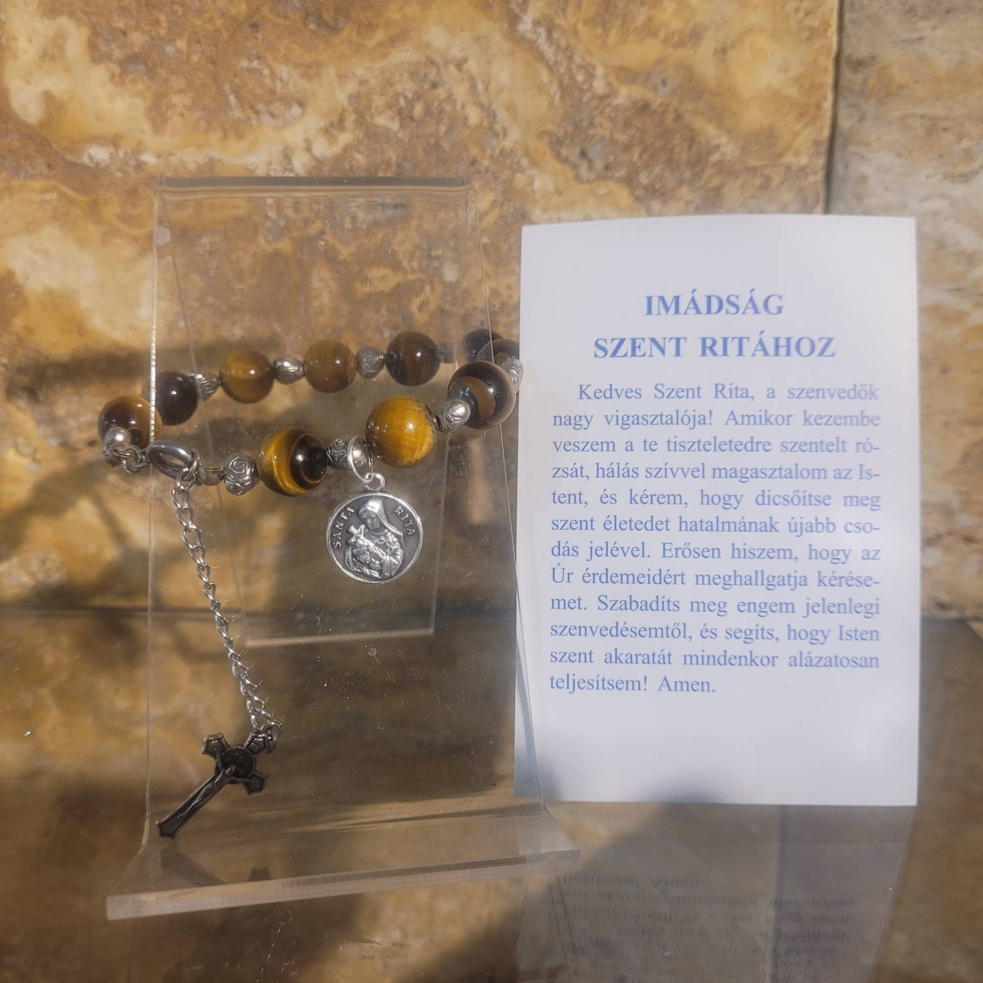Ásvány nagy szemű méretre Állitható Karkötő+ Szent Rita érem + Szent Rita szentképen imádság 