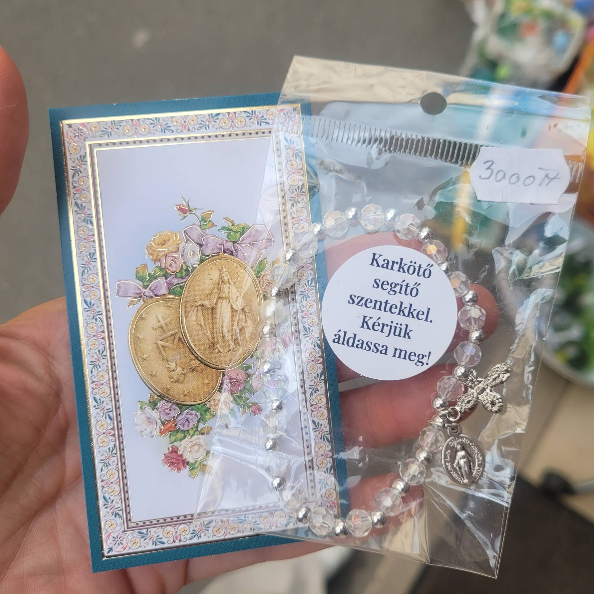Kristály Köves gumis Karkötő Szűzmária Csodáséremmel! Szentképen imádság 