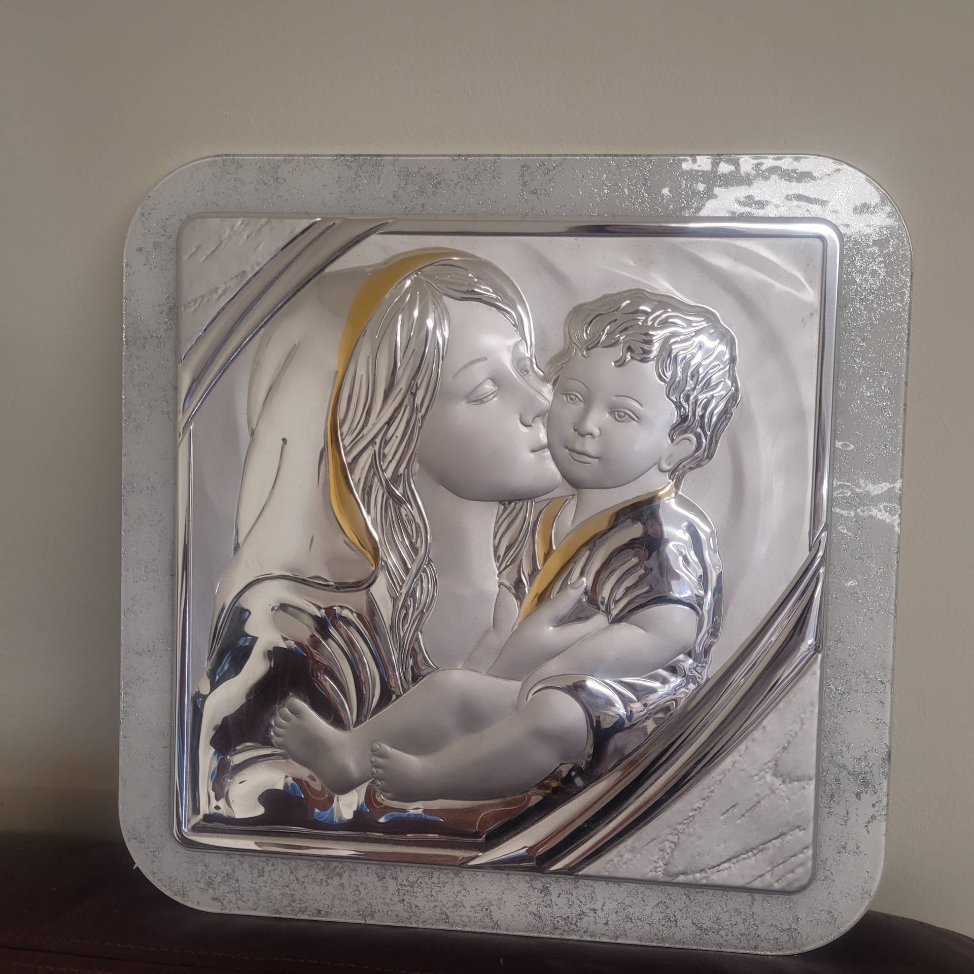 Ezüstmisére 25, Papszentelésre...stb.. Ezüst Muránoi üvegen Ezüst ikonkép 41cm*41cm Szűzmária Jézussal 